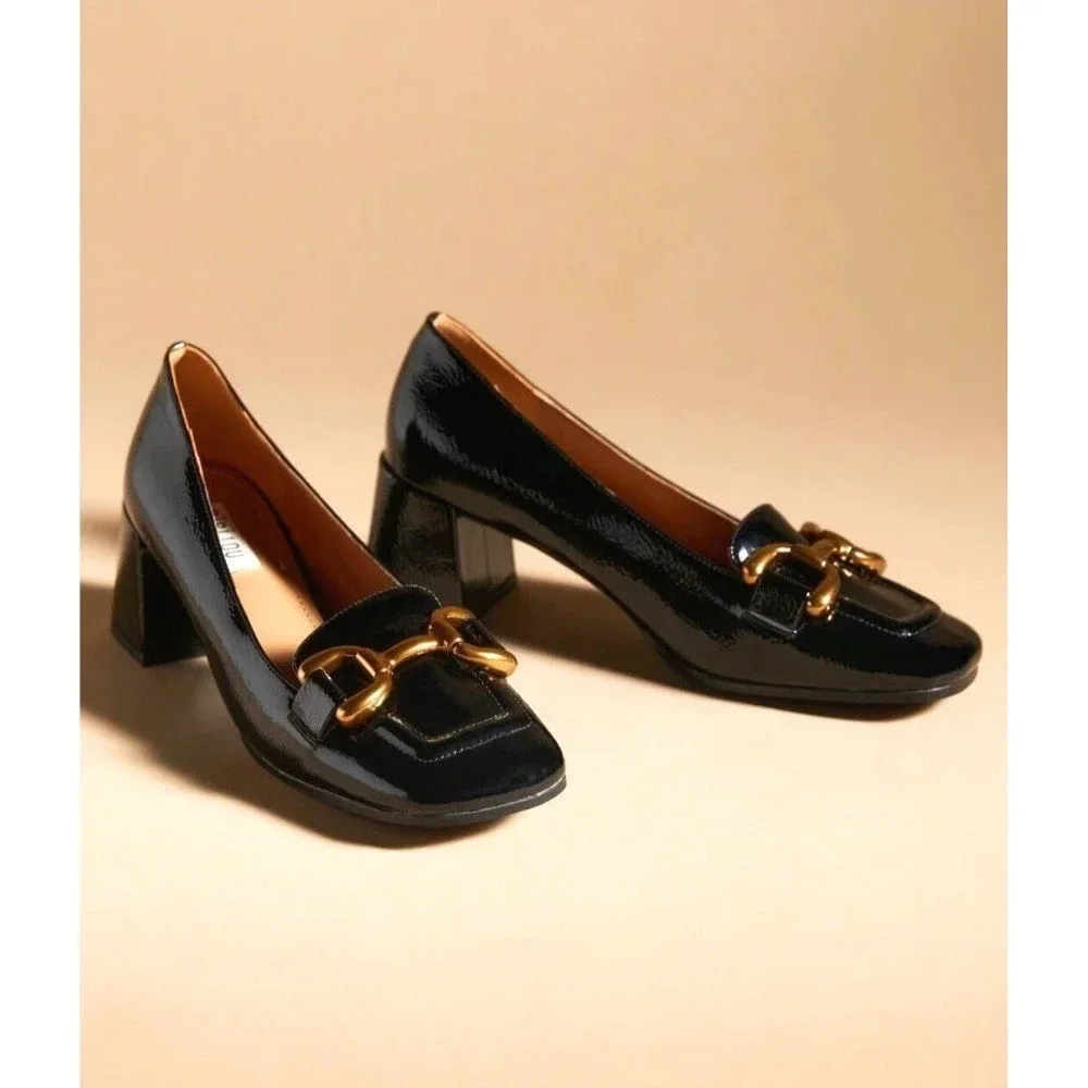 Anthropologie Bibi Lou Valencia Loafer Pumps Heels Black Patent Leather 37 6.5